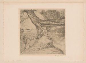 Såningsman och liggande figur med knäppta händer i ett landskap av Eugène Joors (signed by artist)
