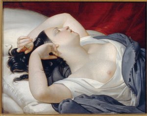 Sovande italiensk kvinna. Vacker kvinna med slutna ögon och obetäckta bröst, sover illamående på sängkanten. Målning av Eugene Pluchart (1809-1880), olja på duk, cirka 1840. Fransk konst
