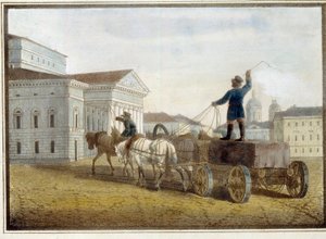 Transport av granitblock till teatertorget i Sankt Petersburg. Verk av Eugene Pluchart (1809-1880), akvarell på litografi