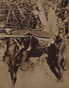 Chef för en afrikansk pygmé-stam som bärs på en kull (s/v foto) av European Photographer