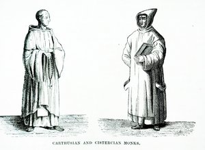 En kartusisk och cisterciensermunk (gravyr) av European School