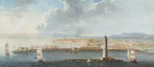 En utsikt över en hamn från havet, förmodligen Livorno (penna, brunt bläck och gouache) av European School