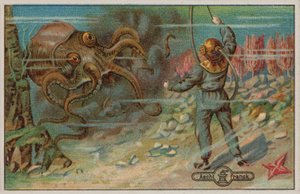 En dykare hotas av en bläckfisk (chromolitho) av European School