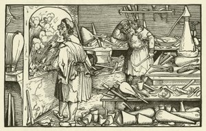 Alkemistens laboratorium på 1500-talet (träsnitt) av European School