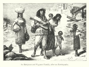 En emigrant- och vagabondfamilj efter en jordbävning (gravyr) av European School