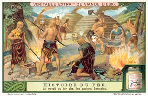 Forntida germansk stam som tillverkar järnvapen (chromolitho) av European School