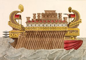 Forntida krigsskepp (färgad gravyr) av European School