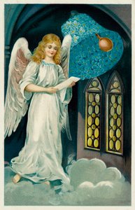 Ängel och klocka av blommor (chromolitho) av European School