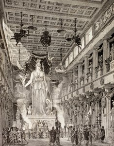 Konstnärsavtryck av statyn av gudinnan Athena i Parthenon, Aten, under den klassiska perioden, från 