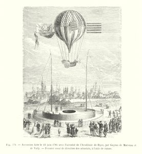 Uppstigning gjordes den 12 juni 1784 med aerostaten från Academy of Dijon, av Guyton de Morveau och de Virly, Första testet av riktning av aerostater, med åror (gravyr) av European School