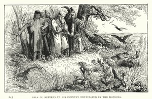Bela IV, återvänder till sitt land ödelagt av mongolerna (gravyr) av European School