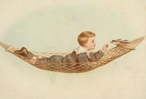 Pojke som ligger i en hängmatta och matar en fågel (kromolit) av European School