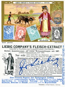 Bulgariska frimärken, fram- och baksidan av ett Liebig-kampanjkort, 1897 av European School