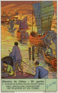 Bränning av den kinesiska flottan vid Kanton (chromolitho) av European School