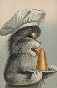 Katt med dessert (chromolitho) av European School