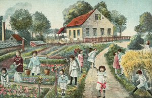 Barn i en trädgård eller på en kolonilott (färglitografi) av European School