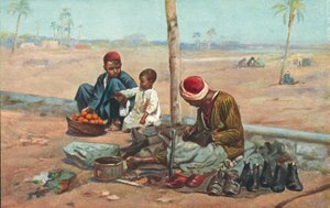 Skomakare och barn, Egypten (färglitografi) av European School