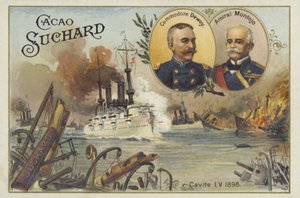 Commodore George Dewey och amiral Patricio Montojo, Slaget vid Manila Bay, spansk-amerikanska kriget, 1 maj 1898 av European School
