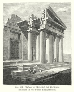 Konstruktion av det nordöstra hörnet av Parthenon, Aten, antikens Grekland (gravyr) av European School