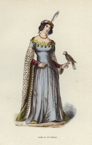 Lady of the 15th Century (färgad gravyr) av European School