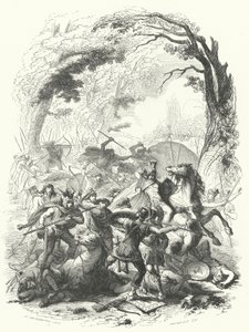 Den romerska arméns nederlag under Sabinus och Cotta av gallerna, 54 f.Kr. (gravyr) av European School