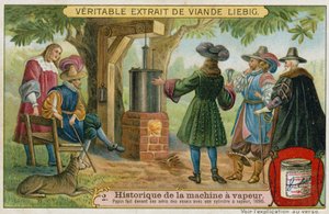 Denis Papin genomför försök med sin kolvångmaskin framför sina vänner, Marburg, Tyskland, 1690 av European School