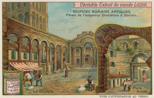 Diocletianus palats i Split i Kroatien med detalj av kolonnaden och södra havsporten (chromolitho) av European School