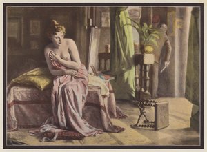Känslor, kvinna som sitter på en säng (färg litho) av European School