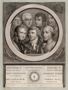 Europeiska kungligheter i början av 1800-talet: Tsar Alexander I av Ryssland; George, prins av Wales, regent till kung George III; Frans II, tysk-romersk kejsare; storhertig Konstantin Pavlovitj av Ryssland; Maximilian Joseph, kung av Bayern och kurfurste  av European School