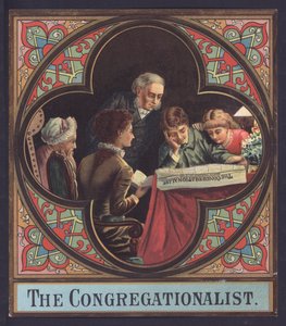 Familjen läser en kopia av The Congregationalist (chromolitho) av European School