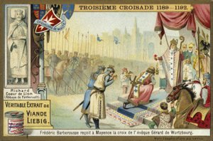 Frederick Barbarossa tar korset från biskopen av Wurzburg, Mainz, Tyskland, tredje korståget, 1188 av European School