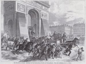 Flyktingar från den franska arméns bombardemang av Neuilly som passerade Triumfbågen, Paris kommun, april 1871 (gravyr) av European School