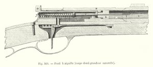 Nålpistol, halv naturlig storlek skuren (gravyr) av European School