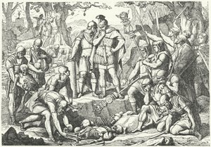 Germanicus begraver benen av soldater från de tre romerska legionerna under befäl av Publius Quinctilius Varus som förstördes av tyskarna i slaget vid Teutoburgerskogen år 9 f.Kr. (gravyr) av European School
