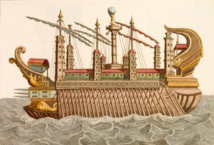 Jätte pråm av den romerske kejsaren Caligula (färgad gravyr) av European School