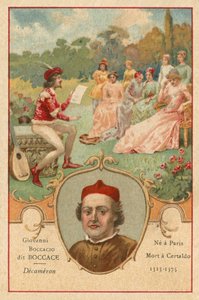Giovanni Boccaccio, italiensk författare och poet, och en scen från Decameron av European School
