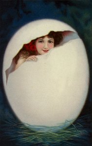 Flicka kläcks ur påskägg (chromolitho) av European School