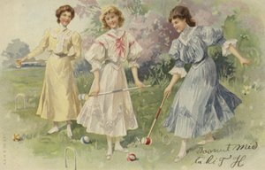 Flickor som spelar krocket (chromolitho) av European School