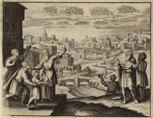 Guldklädda kavalleri i luften över Jerusalem (gravyr) av European School