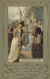 Gotterdammerung, Siegfried tar emot Brunhilde och Gunther (färglitografi) av European School