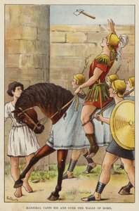 Hannibal kastar sin yxa över Roms murar (chromolitho) av European School