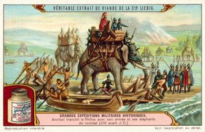 Hannibal korsar Rhône med sin armé och elefanter, 218 f.Kr. (chromolitho) av European School