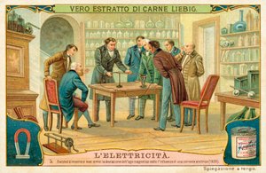 Hans Christian Oersted visar sina vänner magnetnålens avvikelse under påverkan av en elektrisk ström, 1820 av European School