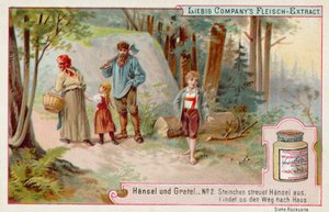 Hansel och Gretel: Hansel lämnar ett spår av småsten för att hitta vägen hem (chromolitho) av European School