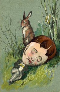 Hare sitter bredvid en sovande man på landsbygden (chromolitho) av European School