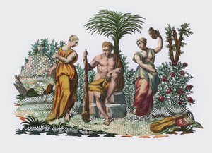 Herakles i en trädgård (färgad gravyr) av European School