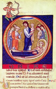 Historikerad initial som visar Jungfruns död, från ett okänt manuskript, 1100-1200-talet av European School