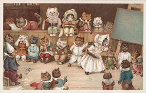 Humoristiskt kattvykort (färglitografi) av European School