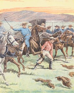 Jakt på kaniner i Australien (färglitografi) av European School