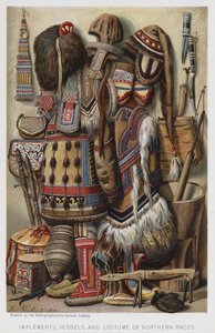 Redskap, kärl och dräkt för Northern Races (chromolitho) av European School
